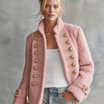 Retro Elegant Pink Teddy Fleece Stand-Collar Gold-Button Military Coat