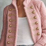 Retro Elegant Pink Teddy Fleece Stand-Collar Gold-Button Military Coat