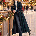Retro Elegant Green Plaid Double-Breasted Gold-Button Flared Long Coat