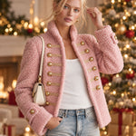 Retro Elegant Pink Teddy Fleece Stand-Collar Gold-Button Military Coat