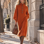 Retro-chic Orange Mock-neck Half-button Mohair Knit Midi Dress