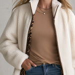 Casual And Stylish Velvet Leopard Print White Fleece Zip-up Mid-length Coat