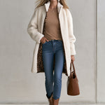 Casual And Stylish Velvet Leopard Print White Fleece Zip-up Mid-length Coat
