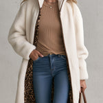 Casual And Stylish Velvet Leopard Print White Fleece Zip-up Mid-length Coat
