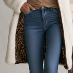 Casual And Stylish Velvet Leopard Print White Fleece Zip-up Mid-length Coat