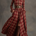 Women's Red Plaid Long Sleeve Button-Up Shirt Maxi Dress