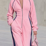 Retro Casual Color-blocked Trim Pink Fleece Stand-up Collar Zip-up Jumpsuit