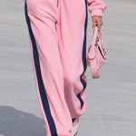 Retro Casual Color-blocked Trim Pink Fleece Stand-up Collar Zip-up Jumpsuit