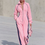 Retro Casual Color-blocked Trim Pink Fleece Stand-up Collar Zip-up Jumpsuit