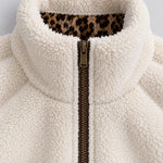 Casual And Stylish Velvet Leopard Print White Fleece Zip-up Mid-length Coat
