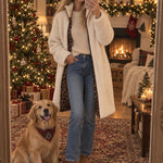 Casual And Stylish Velvet Leopard Print White Fleece Zip-up Mid-length Coat