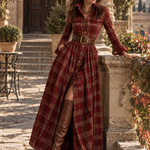 Women's Red Plaid Long Sleeve Button-Up Shirt Maxi Dress