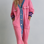 Retro Casual Pink Washed Denim Color block Shirt Dress