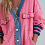 Retro Casual Pink Washed Denim Color block Shirt Dress