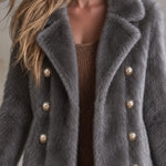 Retro Elegant Gray Faux Fur Notched Lapel Gold-Button Double-Breasted Coat