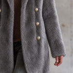 Retro Elegant Gray Faux Fur Notched Lapel Gold-Button Double-Breasted Coat