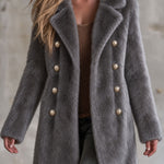 Retro Elegant Gray Faux Fur Notched Lapel Gold-Button Double-Breasted Coat