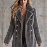 Retro Elegant Gray Faux Fur Notched Lapel Gold-Button Double-Breasted Coat