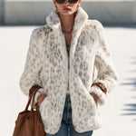 Fashionable Retro Leopard Print Off-white Faux Fur Short Coat With Zippered Sleeves