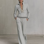 Fashionable Sporty Grey Half-zip Button Sweatshirt And Wide-leg Pants Set