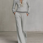 Fashionable Sporty Grey Half-zip Button Sweatshirt And Wide-leg Pants Set