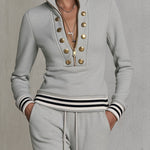 Fashionable Sporty Grey Half-zip Button Sweatshirt And Wide-leg Pants Set