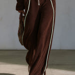 Retro Casual Brown Fleece Leopard-Lined Hooded Zip-Up Contrast-Piping Wide-Leg Jumpsuit