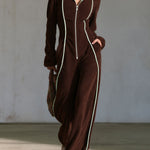 Retro Casual Brown Fleece Leopard-Lined Hooded Zip-Up Contrast-Piping Wide-Leg Jumpsuit