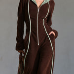 Retro Casual Brown Fleece Leopard-Lined Hooded Zip-Up Contrast-Piping Wide-Leg Jumpsuit
