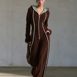 Retro Casual Brown Fleece Leopard-Lined Hooded Zip-Up Contrast-Piping Wide-Leg Jumpsuit