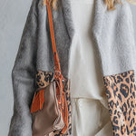 Chic Urban Faux-Fur Hem Grey Patchwork Leopard-Print Coat
