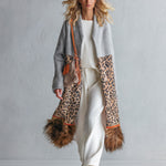 Chic Urban Faux-Fur Hem Grey Patchwork Leopard-Print Coat