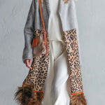Chic Urban Faux-Fur Hem Grey Patchwork Leopard-Print Coat