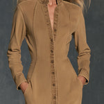 Fashionable Retro Camel Denim Frayed Cardigan Midi Dress