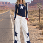 Retro Western Navy Star Contrast Striped Long Sleeve Fitted Tee