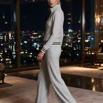 Fashionable Sporty Grey Half-zip Button Sweatshirt And Wide-leg Pants Set