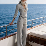 Fashionable Sporty Grey Half-zip Button Sweatshirt And Wide-leg Pants Set