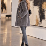 Retro Elegant Gray Faux Fur Notched Lapel Gold-Button Double-Breasted Coat