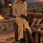 Fashionable Retro Camel Denim Frayed Cardigan Midi Dress