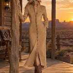Fashionable Retro Camel Denim Frayed Cardigan Midi Dress