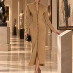 Fashionable Retro Camel Denim Frayed Cardigan Midi Dress