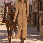 Fashionable Retro Camel Denim Frayed Cardigan Midi Dress