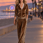 Vintage Western Leopard Trim Velvet Hooded Jacket And Wide-Leg Pants Set