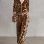 Vintage Western Leopard Trim Velvet Hooded Jacket And Wide-Leg Pants Set