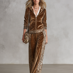Vintage Western Leopard Trim Velvet Hooded Jacket And Wide-Leg Pants Set