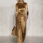 Vintage Glam Gold Velvet Turtleneck Top And Leopard-Print Wide-Leg Pants Set