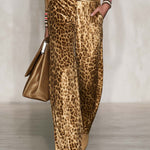 Vintage Glam Gold Velvet Turtleneck Top And Leopard-Print Wide-Leg Pants Set