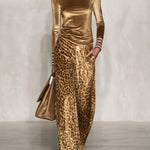 Vintage Glam Gold Velvet Turtleneck Top And Leopard-Print Wide-Leg Pants Set