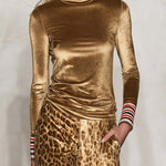 Vintage Glam Gold Velvet Turtleneck Top And Leopard-Print Wide-Leg Pants Set