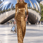 Vintage Glam Gold Velvet Turtleneck Top And Leopard-Print Wide-Leg Pants Set